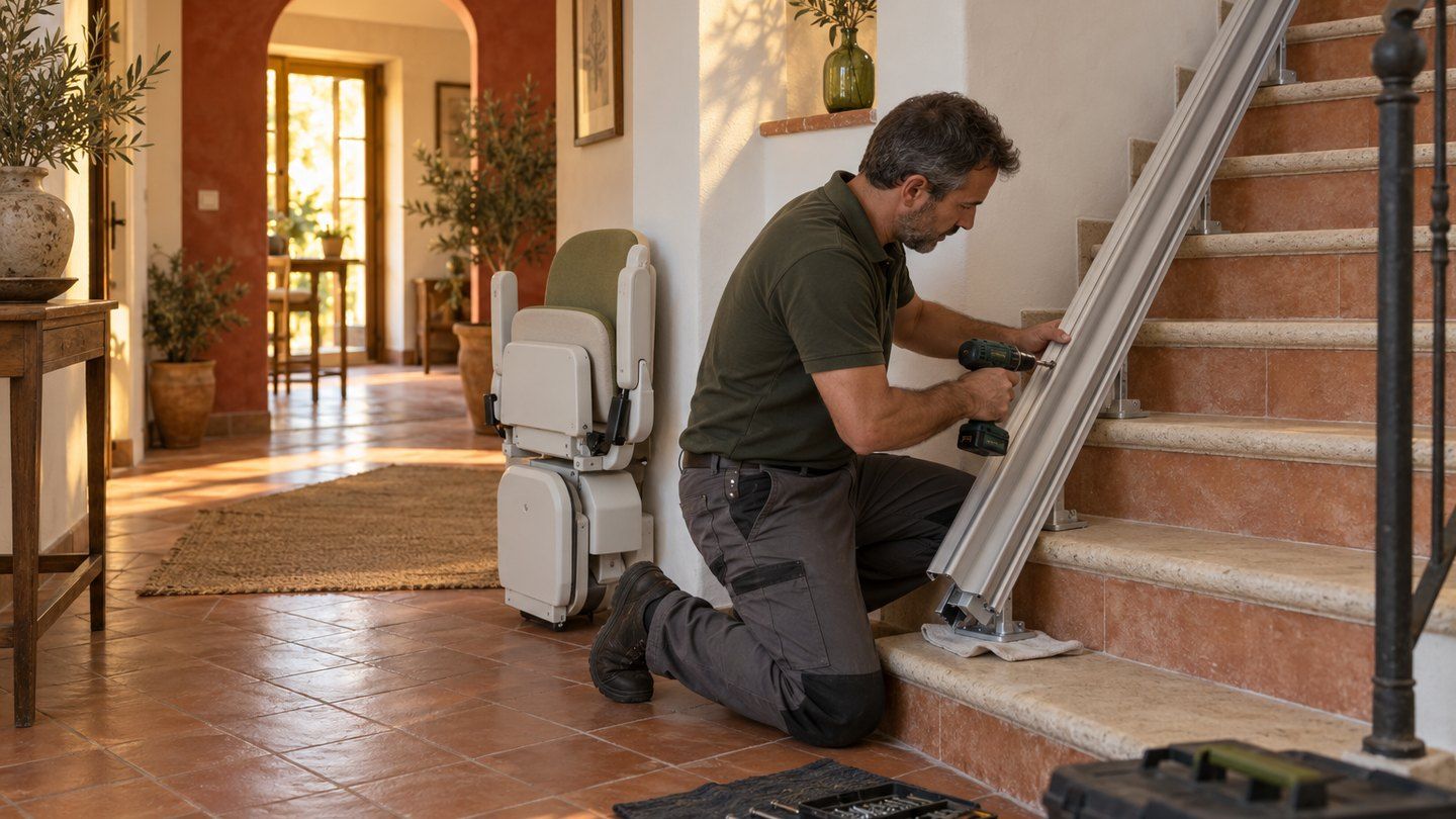 Un technicien fixe le rail droit d’un monte-escalier sur les marches d’un escalier intérieur