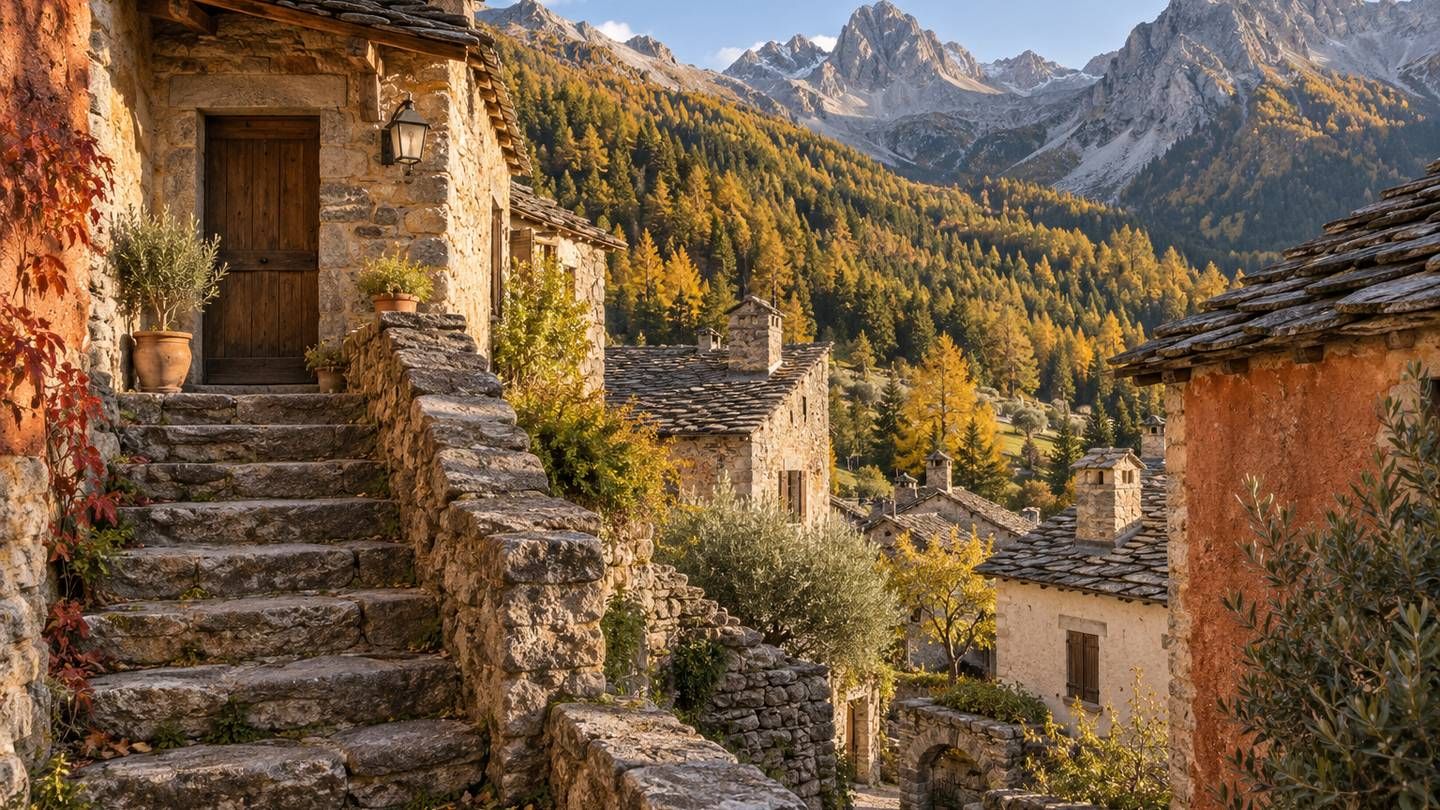 Un escalier extérieur en pierre devant une maison d’un village de montagne