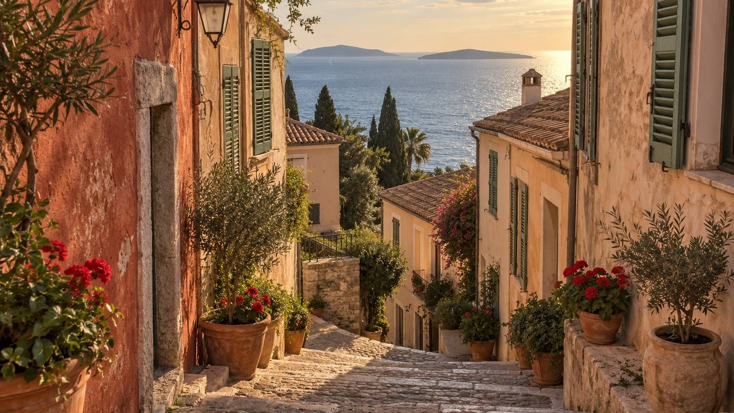 Une ruelle en escalier d’une vieille ville du littoral, deux îles basses à l’horizon