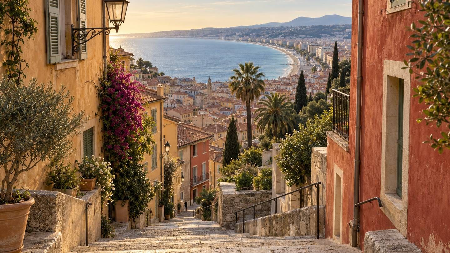Un escalier public en pierre entre des maisons ocre, la baie en contrebas