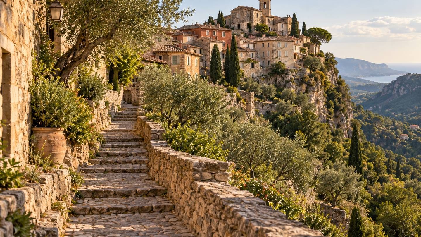 Un chemin pavé en escalier qui monte vers un village perché au-dessus d’une vallée