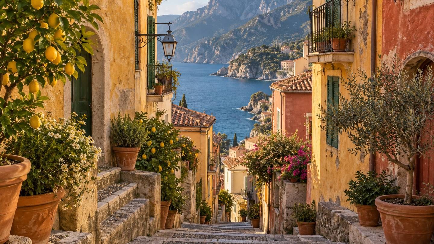 Des ruelles en escalier colorées qui descendent vers la mer, des montagnes derrière