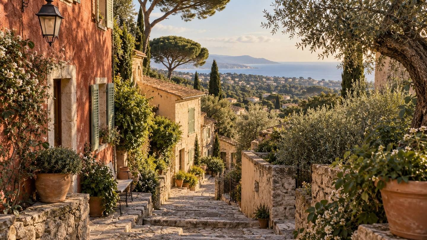 Une ruelle en escalier dans un village perché, entre pins parasols et oliviers
