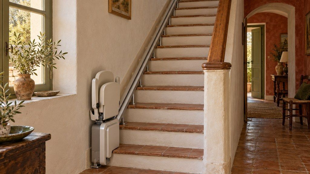 Un monte-escalier au siège replié au pied d’un rail droit, dans l’escalier d’une maison provençale aux murs blancs